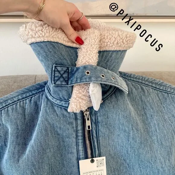 ZARA NEW FAUX SHEARLING BIKER JACKET MOTO DENIM BLUE M MEDIUM 3548/250 - Picture 7 of 16